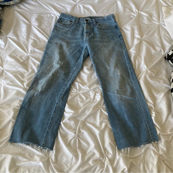 Eddie Bauer 32x32 (hemmed to 32x30 with a raw edge) upcycled jeans in blue wash - Picture 3 of 11